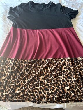 SHEIN Black, Burgundy & Leopard Colorblock A-Line Midi Dress